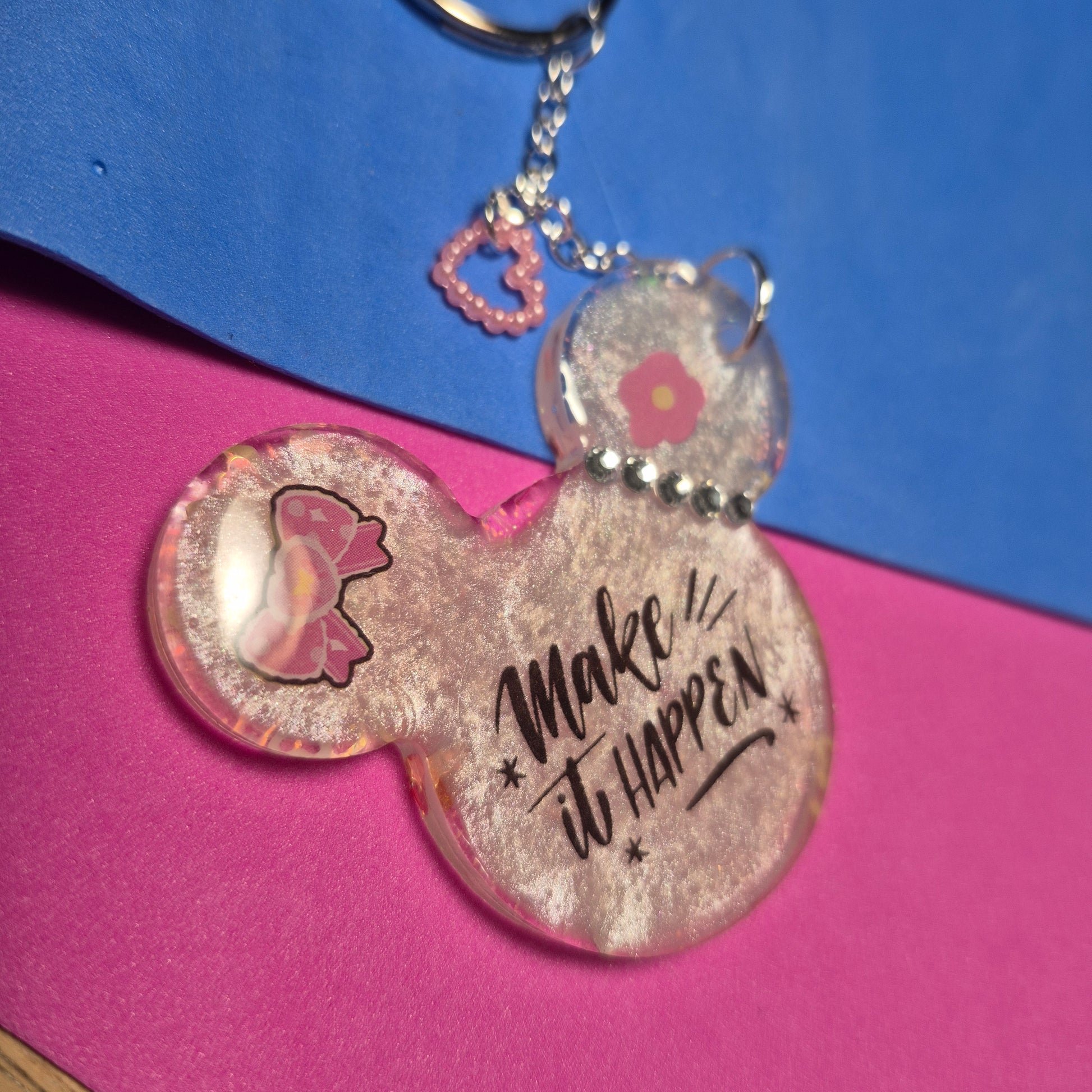 M. Mouse keychains. Message in front and hearts from behind.
