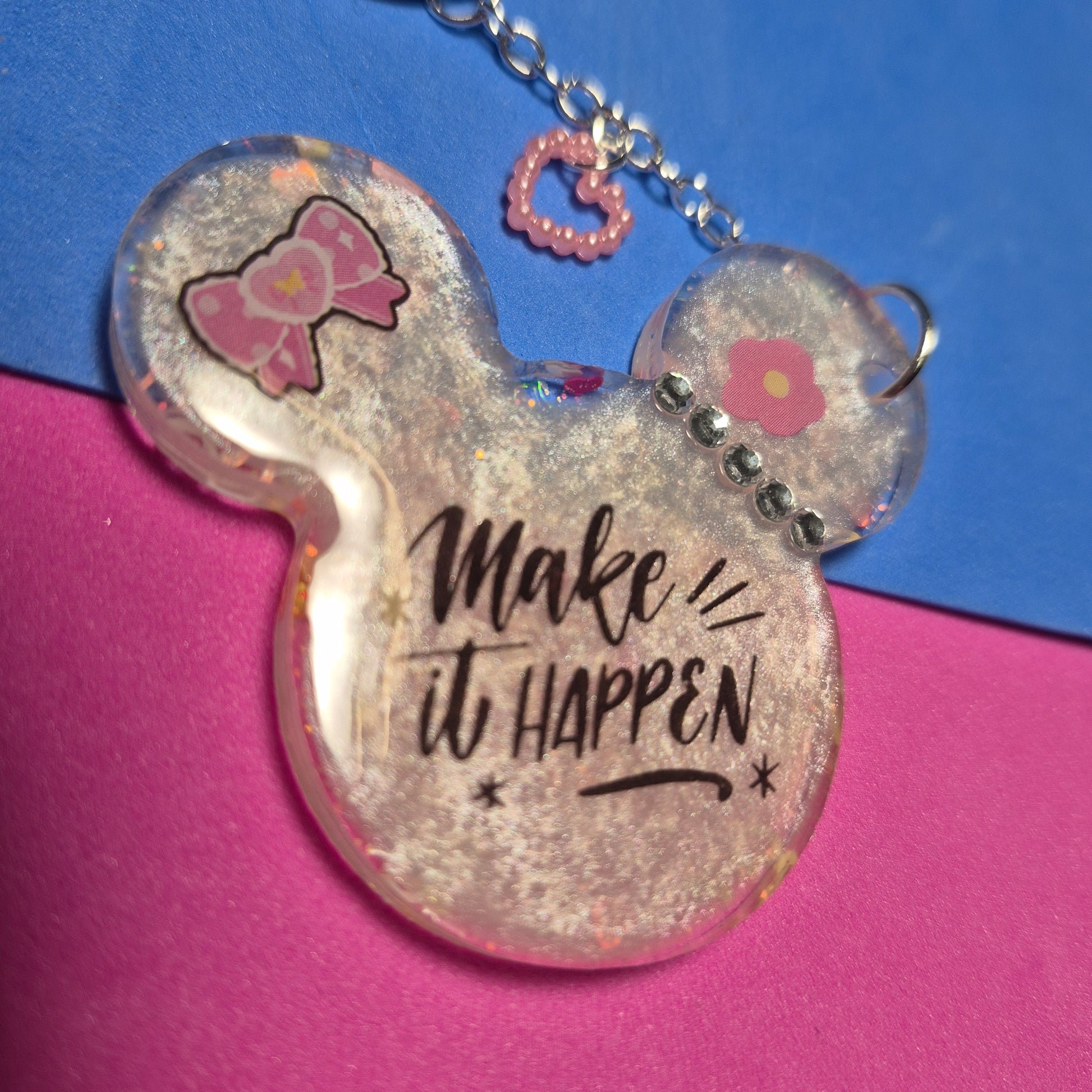 M. Mouse keychains. Message in front and hearts from behind.